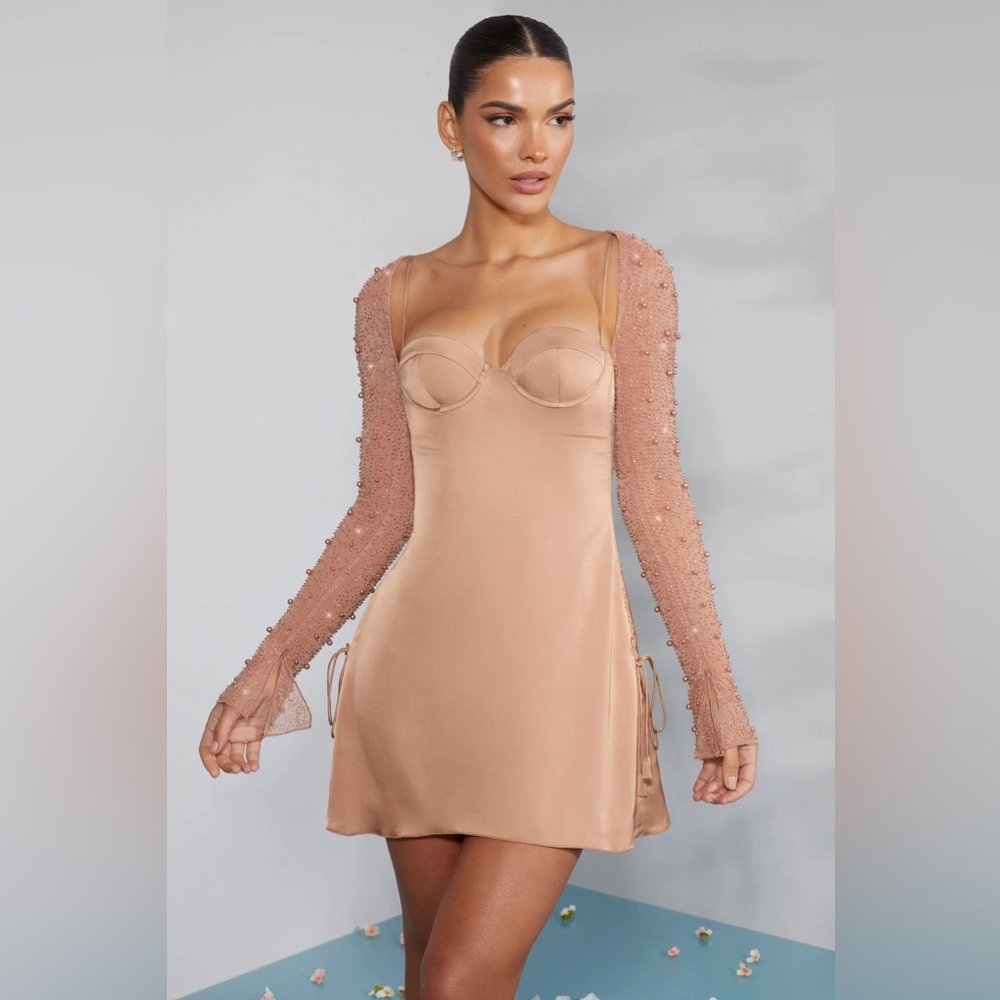 Oh Polly Geneva Beige Pearl and Embellished Long Sleeve Tie Back Dress